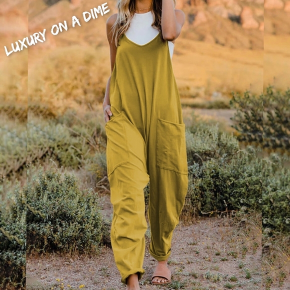 Oversized Hippie V-Neck Sleeveless Wide Leg Pant Pocket Jumpsuit Bohemian Outfit - Picture 6 of 7